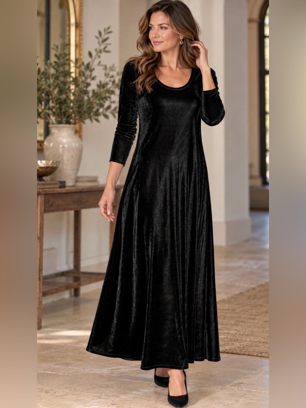 Soft Surroundings Santiago Stretch Velvet Velour Maxi Dress Black Long Sleeve 2X